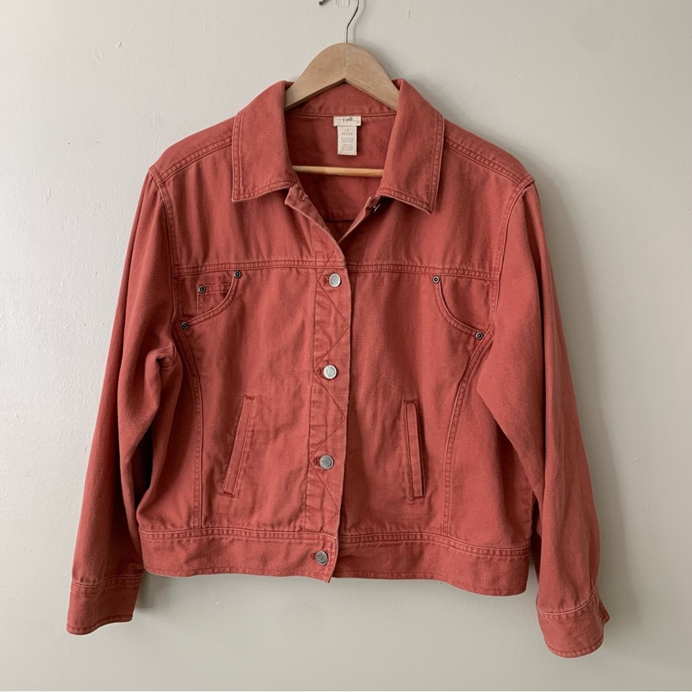Vintage J. Jill Denim Linen Coral Orange Pink Button Up Jacket Large Petite Boho
